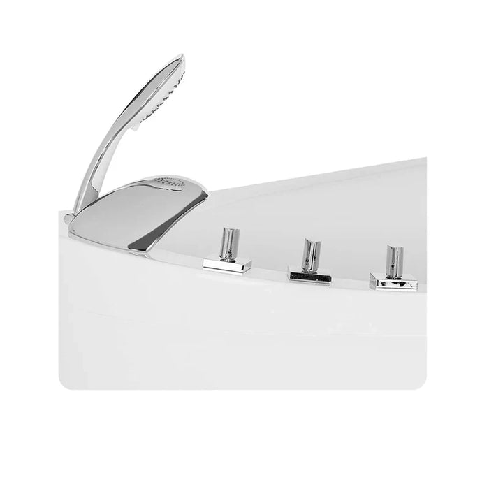 Sleek modern shower head and three chrome wall-mounted fixtures on white background