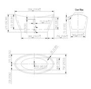 Technical drawing of a bathtub with detailed measurements, front, side, and top views, showing dimensions and overflow section.