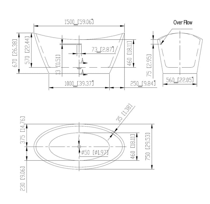 Technical drawing of a bathtub with detailed measurements, front, side, and top views, showing dimensions and overflow section.
