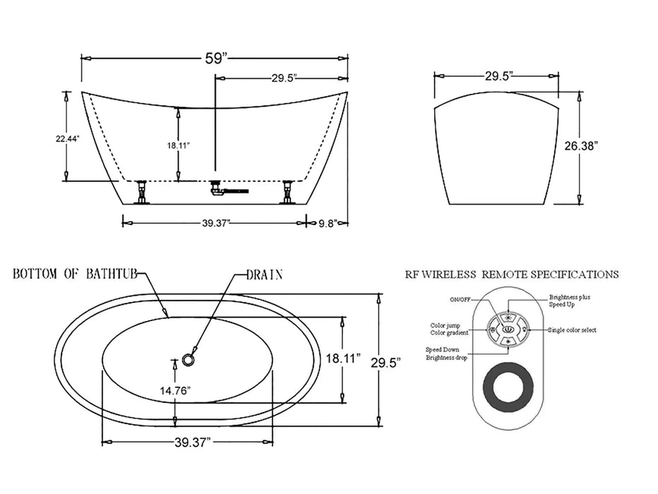 Technical schematic of freestanding bathtub with detailed measurements and RF wireless remote specifications, showing top, side, and bottom views.