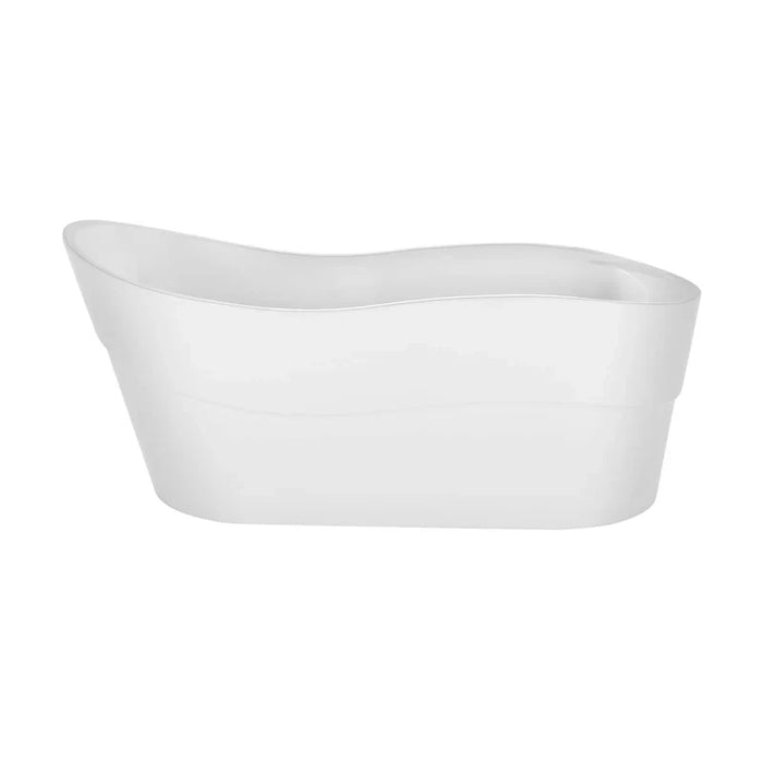 White freestanding bathtub with curved sides and smooth, minimalist design against neutral background.