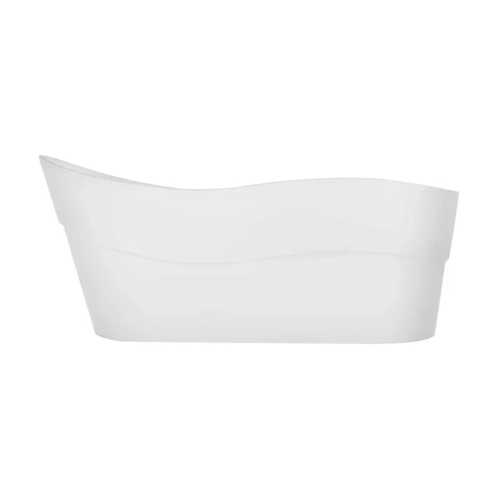 Modern white freestanding bathtub with curved, minimalist design against a light background.