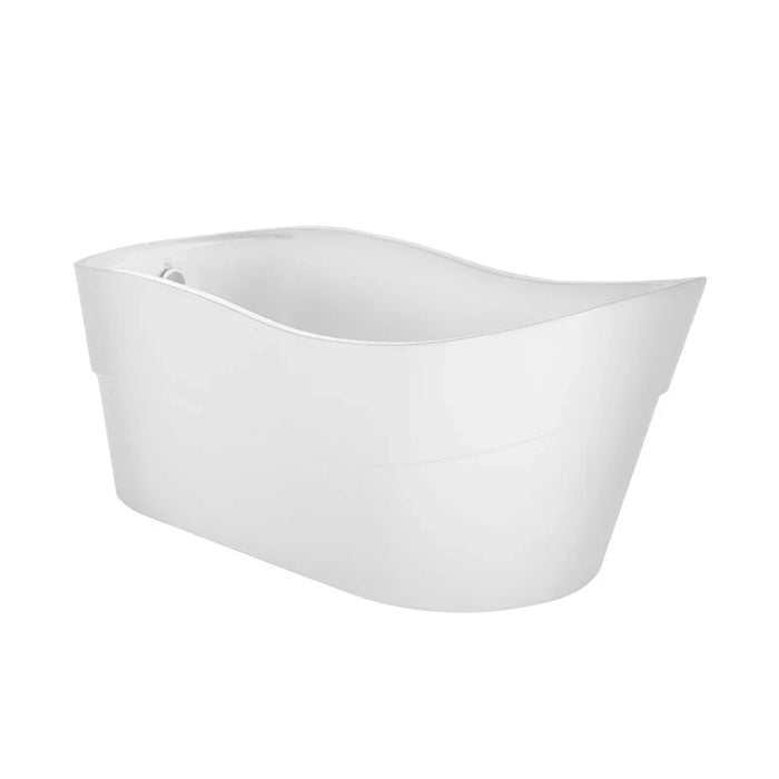Modern white freestanding bathtub with curved design, sleek and minimalist bathroom fixture.