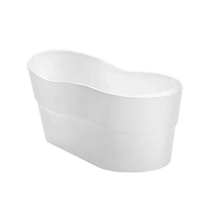 Modern white freestanding bathtub with curved top edge and cylindrical shape, rendered against a plain background.