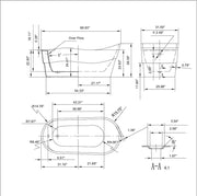Technical bathtub design schematic with multiple orthographic views, dimensional measurements, and cross-section details showing precise geometric specifications.