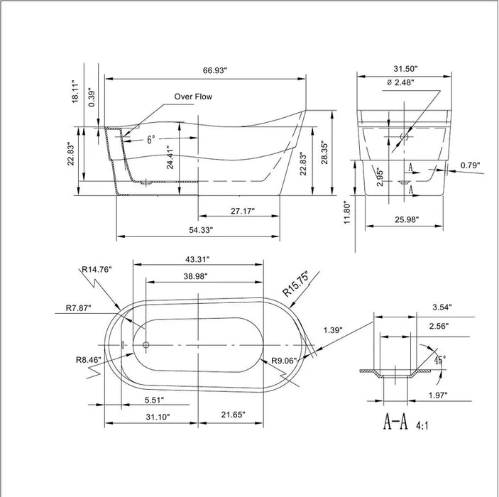 Technical bathtub design schematic with multiple orthographic views, dimensional measurements, and cross-section details showing precise geometric specifications.