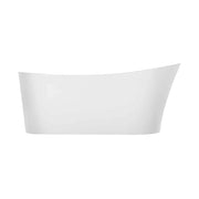 Modern, sleek white freestanding bathtub with curved asymmetrical design against white background.