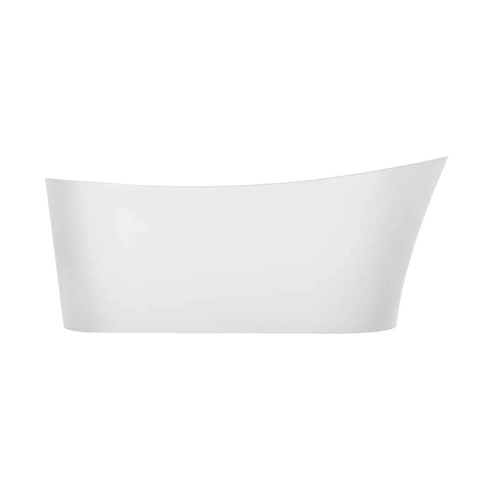 Modern, sleek white freestanding bathtub with curved asymmetrical design against white background.