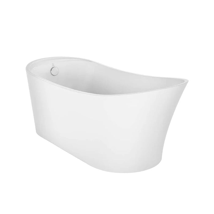 Modern white freestanding bathtub with curved design and minimal aesthetic, isolated on a white background.