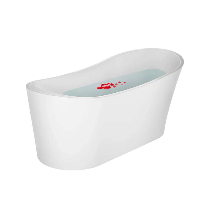 Modern white freestanding bathtub with pale blue-green water and small red flower petals floating on the surface