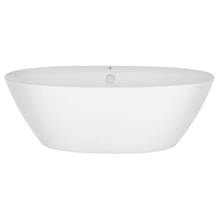 Modern white freestanding bathtub with sleek, oval design and central control panel