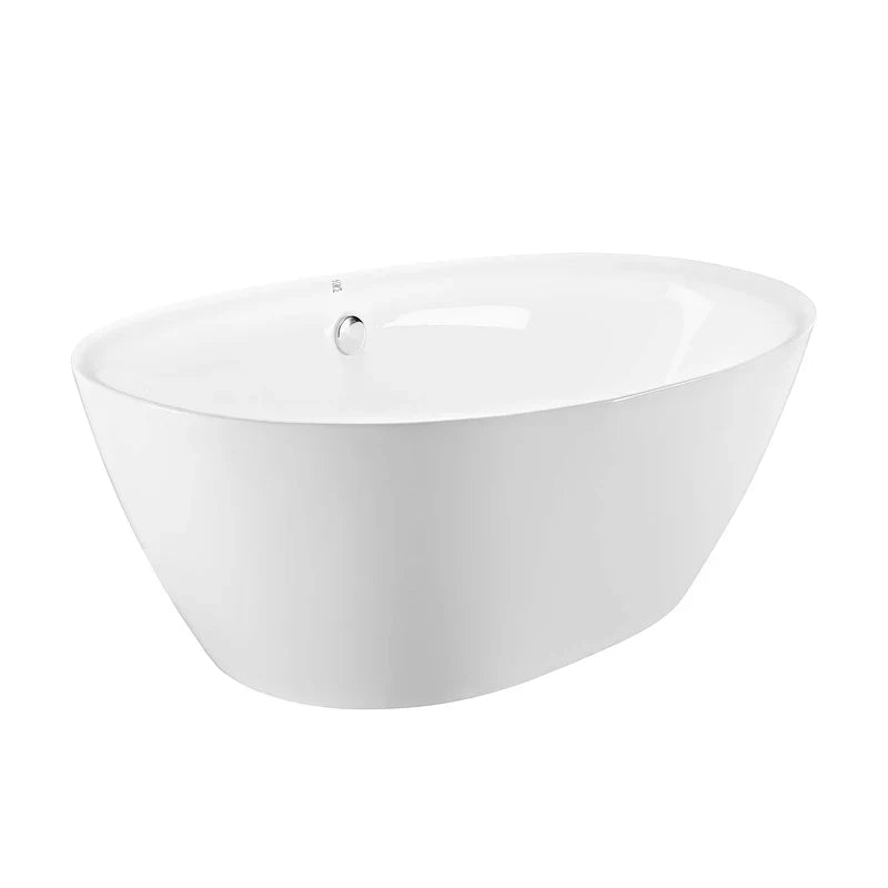 Modern white freestanding bathtub with sleek, oval design and single overflow drain