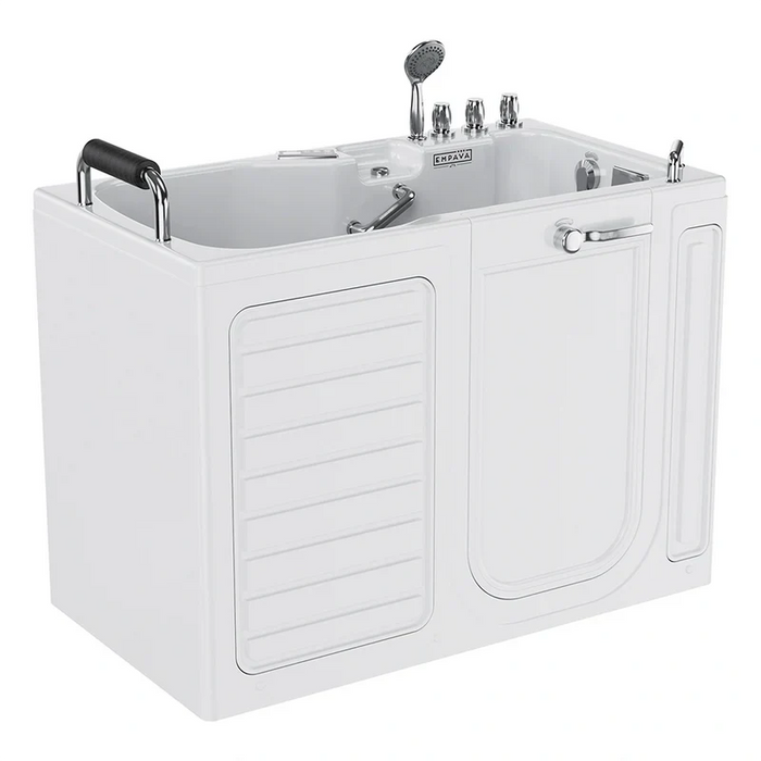 Walk-in bathtub with side door, handrails, and showerhead, designed for accessible bathing.