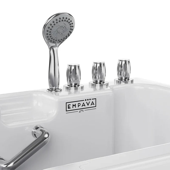Empava spa bathtub with chrome handheld shower head and sleek metallic knobs on white surface