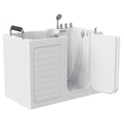 White walk-in bathtub with side door, handheld showerhead, and chrome fixtures, designed for accessible bathing.