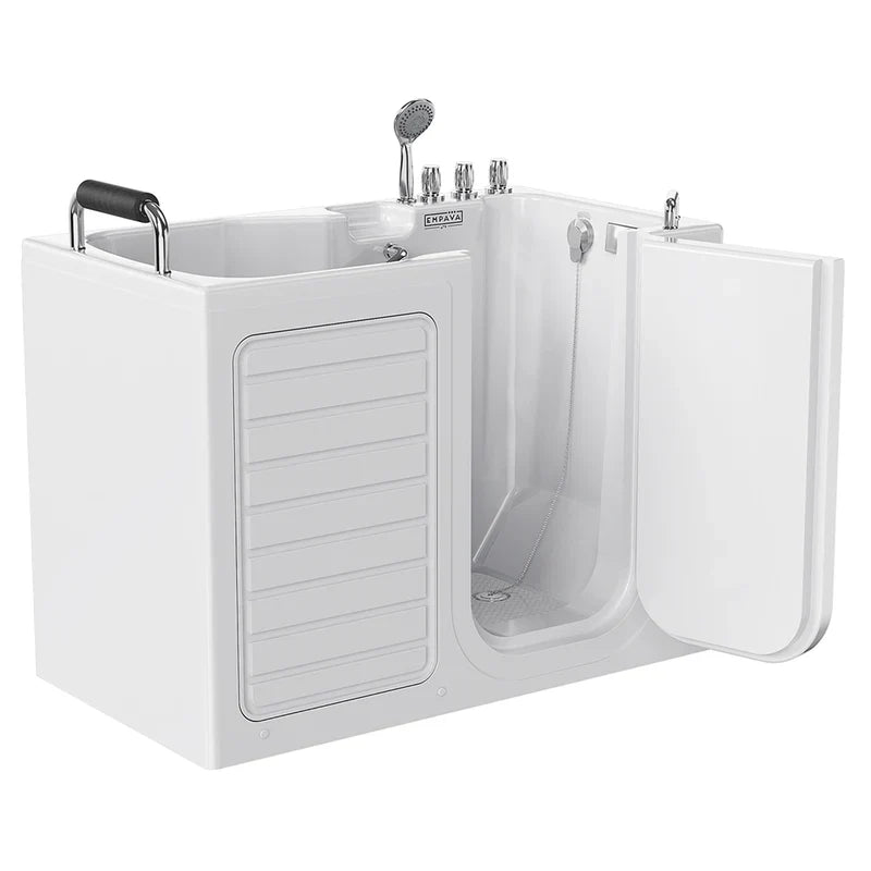 White walk-in bathtub with side door, handheld showerhead, and chrome fixtures, designed for accessible bathing.