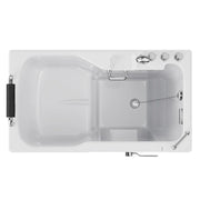 White walk-in bathtub with side door, textured floor mat, and safety grab bars, designed for accessibility and ease of entry.