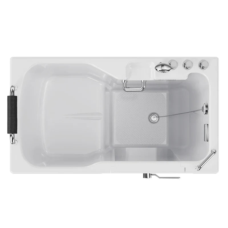 White walk-in bathtub with side door, textured floor mat, and safety grab bars, designed for accessibility and ease of entry.