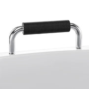 Chrome metal handle with black padded grip, mounted on a white surface
