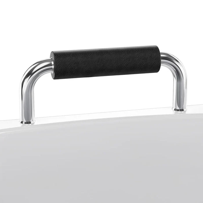 Chrome metal handle with black padded grip, mounted on a white surface