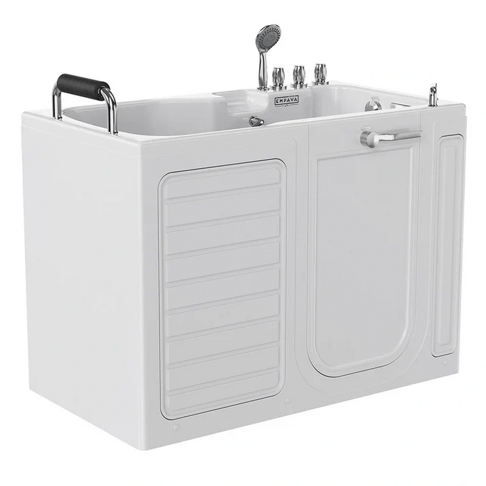 Accessible white walk-in bathtub with side door, handheld showerhead, and chrome fixtures, designed for easy entry and bathing.