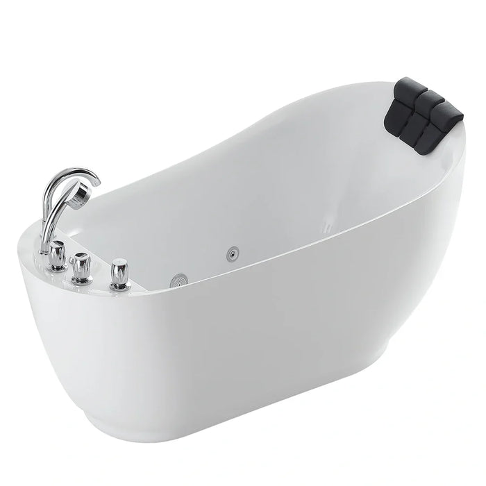 Modern white freestanding bathtub with curved design, chrome faucet fixtures, and black textured headrest cushion.