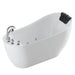 Modern white freestanding bathtub with curved design, chrome faucet fixtures, and black textured headrest cushion.