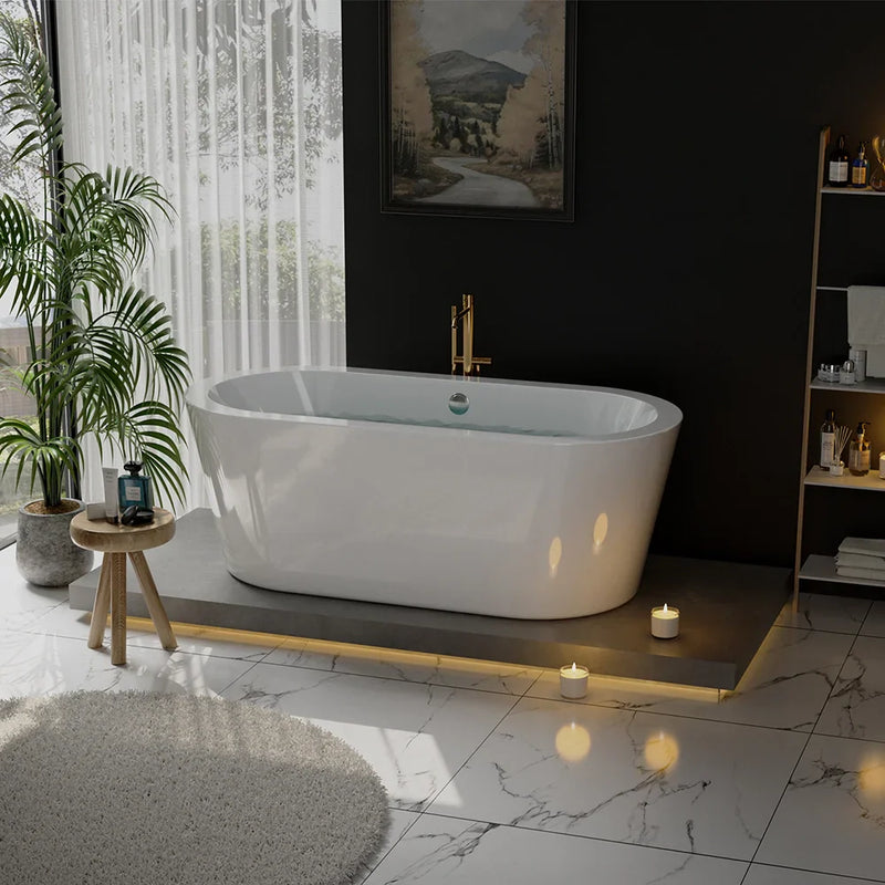 Luxurious bathroom with white freestanding bathtub, soft lighting from candles, marble floor, and tropical plant by sheer curtained window.