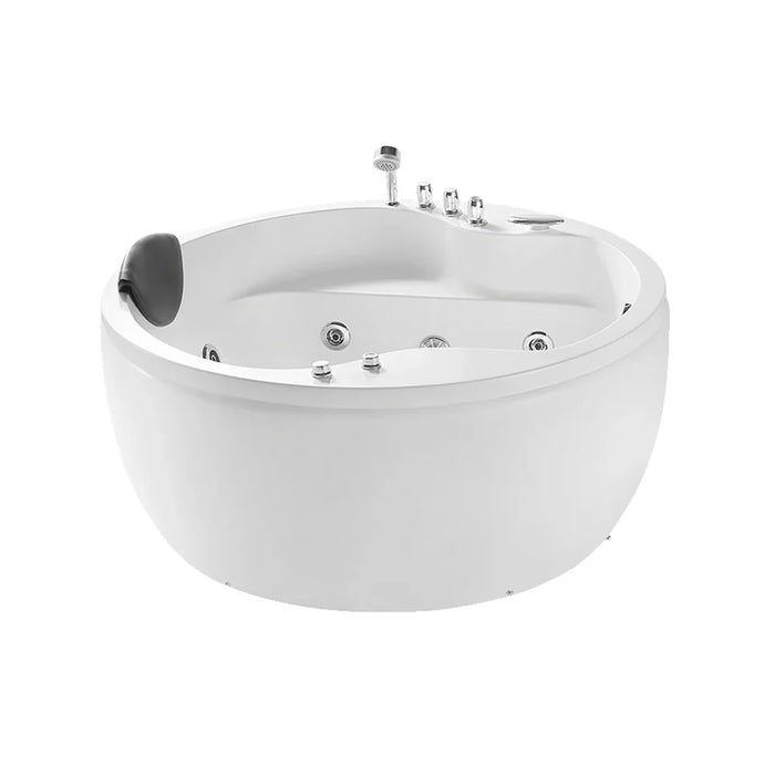 Round white bathtub with multiple jets and a handheld shower head, featuring a curved black headrest on one side.