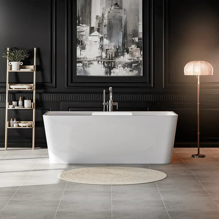 Elegant bathroom with white freestanding tub, ladder shelf with toiletries, black walls, cityscape artwork, and soft-lit floor lamp.