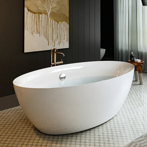 Modern white freestanding bathtub with gold-tinted drip art on dark wall, elegant mosaic floor tiles visible.