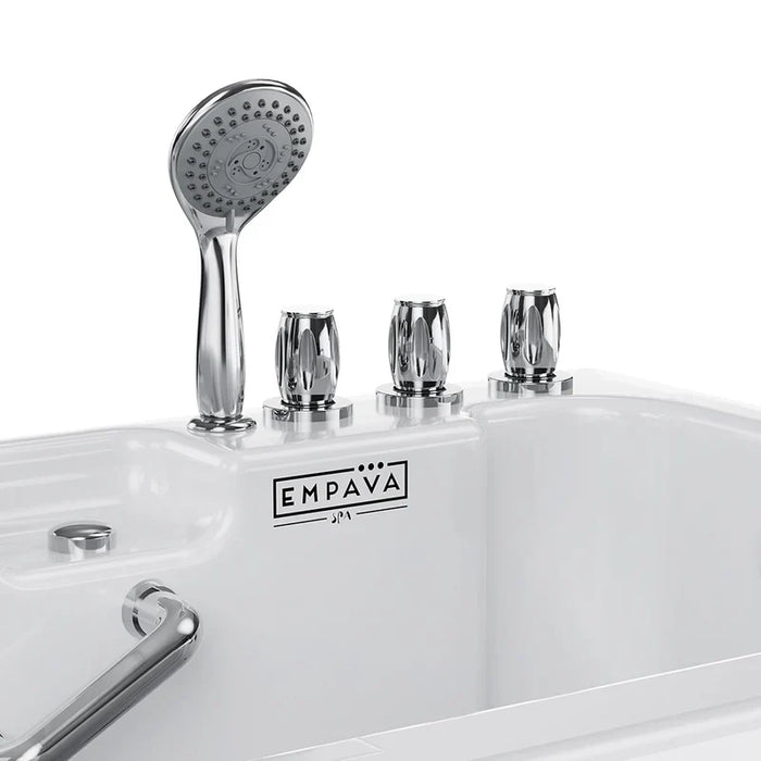 Chrome shower head and controls on white Empava spa bathtub with modern metallic fixtures