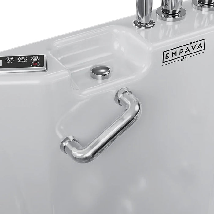 Close-up of white Empava spa control panel and metallic handle with chrome fixtures
