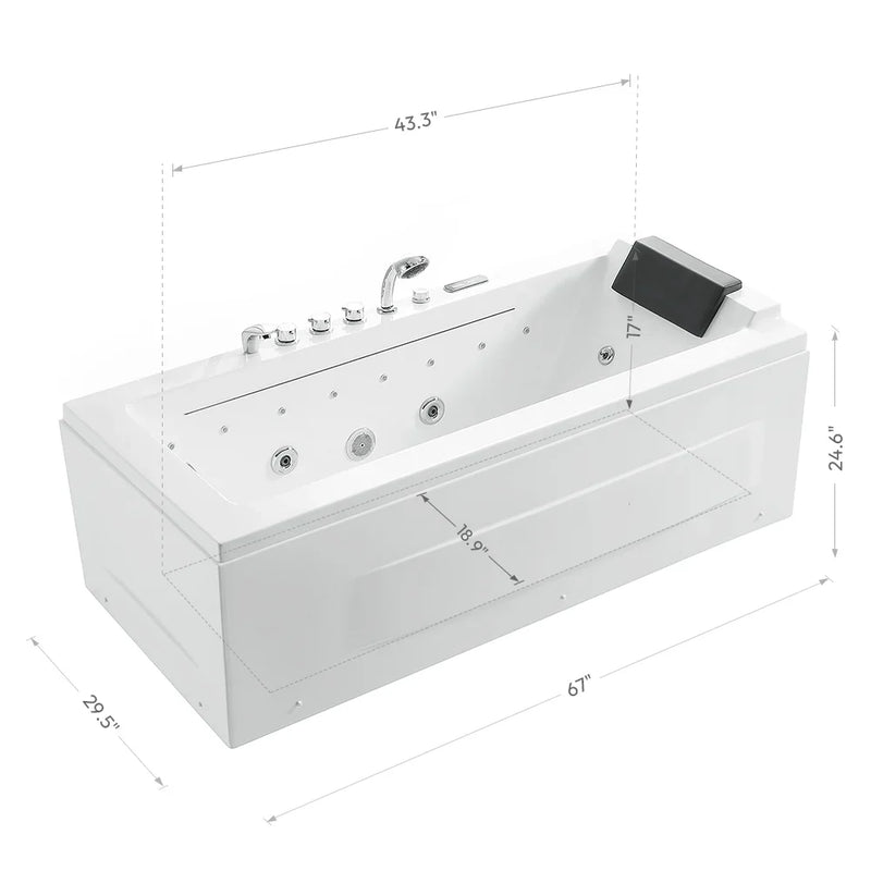 Empava 67" Alcove Combination Massage Thermostatic LED Tub with Left Drain EMPV-67JT351LED, luxury spa experience, white a...