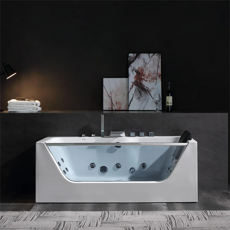 Empava 67" Alcove Whirlpool LED Bathtub with Center Drain EMPV-67JT408LED in sleek white acrylic, luxury spa experience
