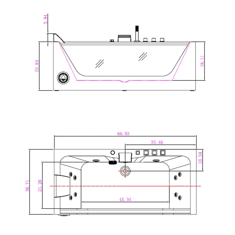 Empava 67" Alcove Whirlpool LED Bathtub with Center Drain EMPV-67JT408LED, luxury white acrylic, modern design