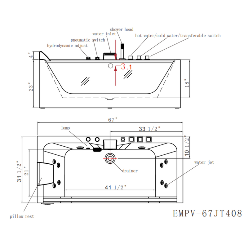 Empava 67" Alcove Whirlpool LED Bathtub with Center Drain EMPV-67JT408LED, luxurious white acrylic, modern design