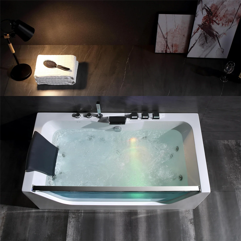 Empava 67" Alcove Whirlpool LED Bathtub with Center Drain EMPV-67JT408LED, luxurious white acrylic, spa-inspired design