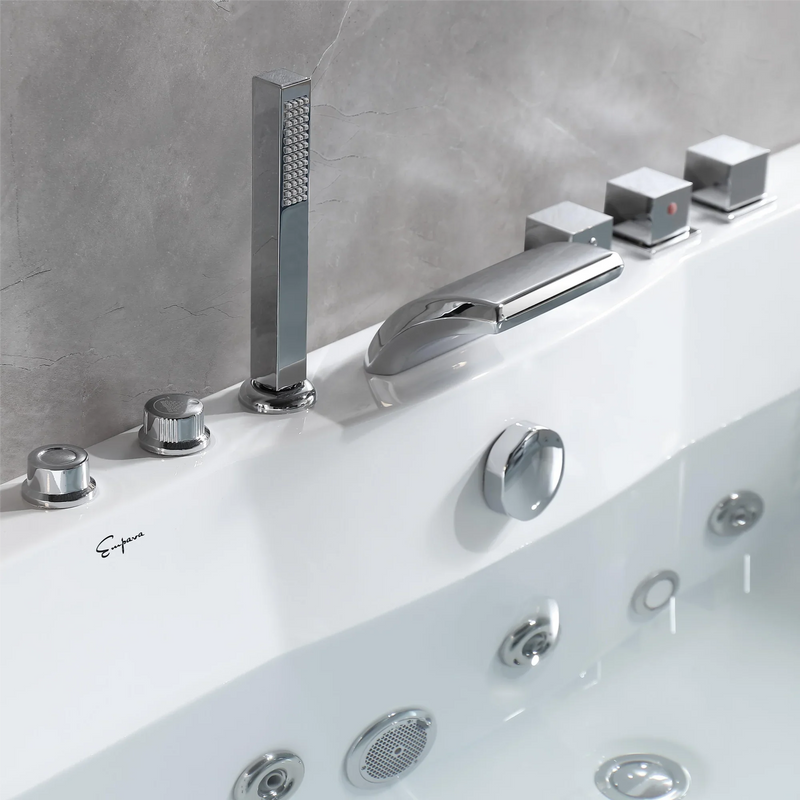 Empava 67" Alcove Whirlpool LED Bathtub with Center Drain EMPV-67JT408LED, luxurious white acrylic, spa-inspired design