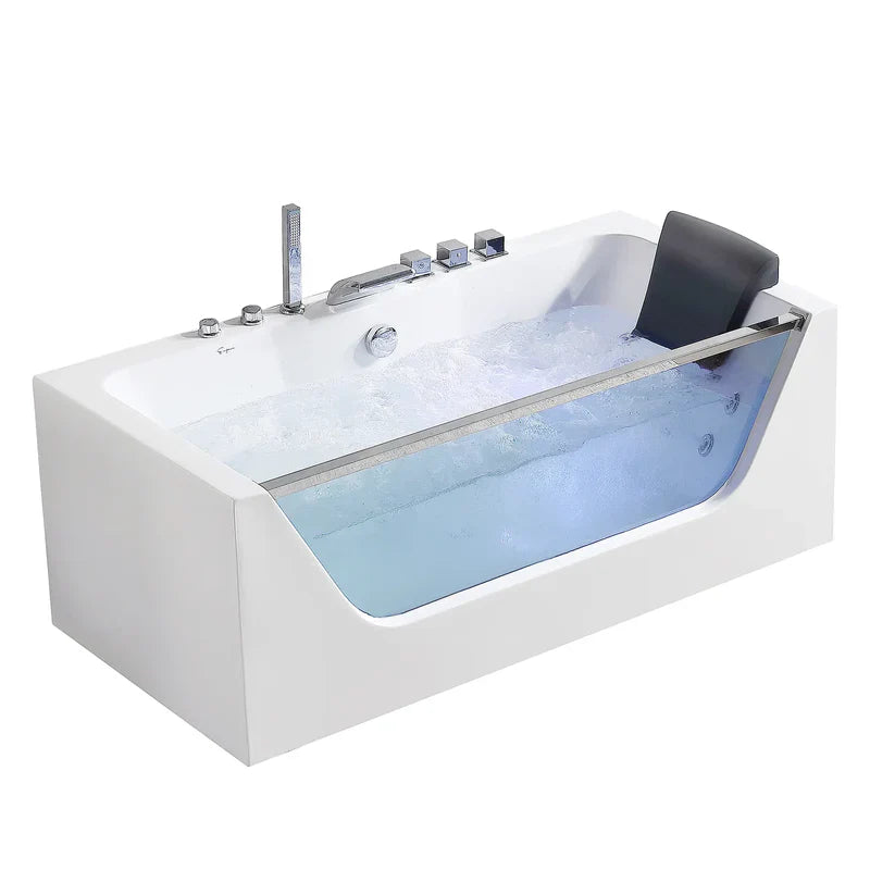 Empava 67" Alcove Whirlpool LED Bathtub with Center Drain EMPV-67JT408LED, luxurious white acrylic, spa-like design