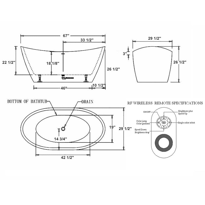 Empava 67" Freestanding Soaking LED Tub with Center Drain | EMPV-67FT1518LED