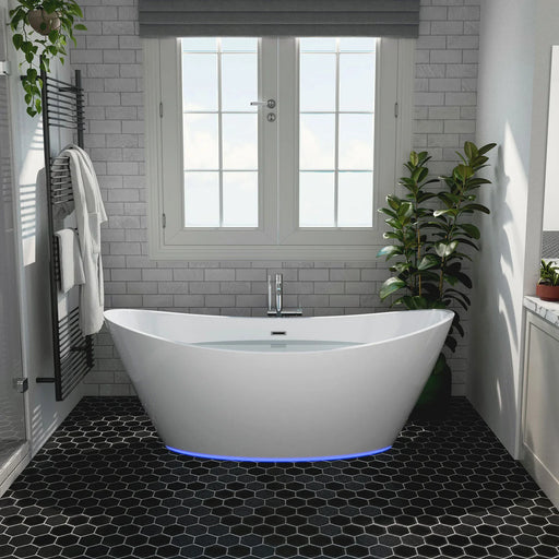 Empava 67" Freestanding Soaking LED Tub with Center Drain EMPV-67FT1518LED in sleek white acrylic