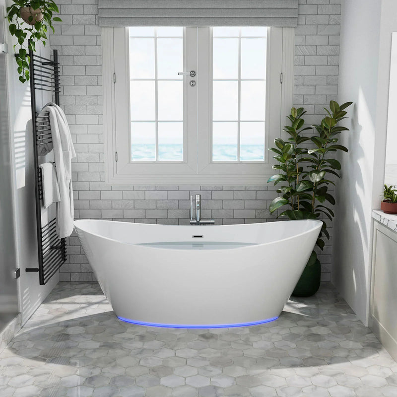 Empava 67" Freestanding Soaking LED Tub with Center Drain EMPV-67FT1518LED, luxurious white acrylic, modern design