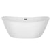 Sleek white freestanding bathtub with curved sides and a small rectangular overflow drain.