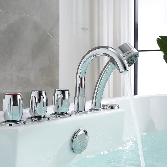 Modern chrome bathroom faucet with curved spout and handheld showerhead, filling a pale blue bathtub against a marble wall.