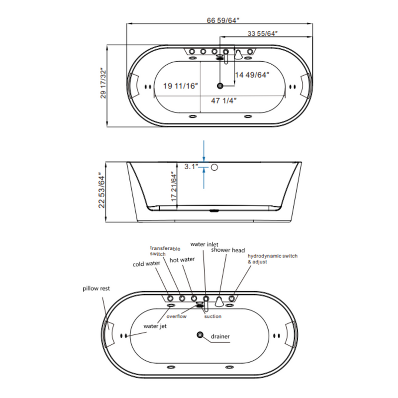Empava 67" Freestanding Whirlpool Bathtub with Center Drain | EMPV-67AIS01
