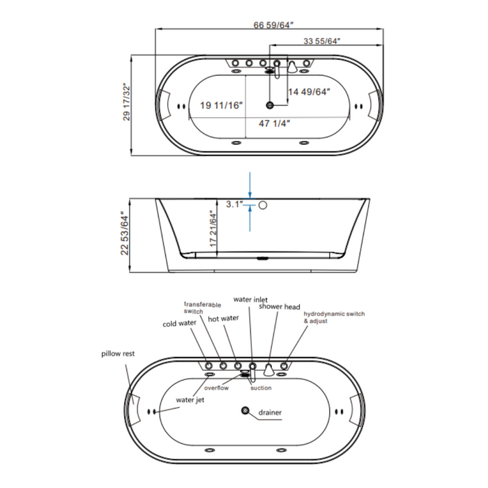 Empava 67" Freestanding Whirlpool Bathtub with Center Drain | EMPV-67AIS01