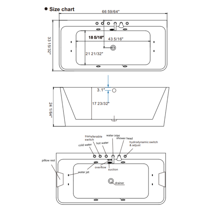 Empava 67" Freestanding Whirlpool Bathtub with Center Drain | EMPV-67AIS03
