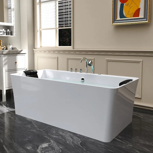 Modern white freestanding bathtub on dark marble floor, with elegant molded wall panels and a colorful abstract artwork in the background.