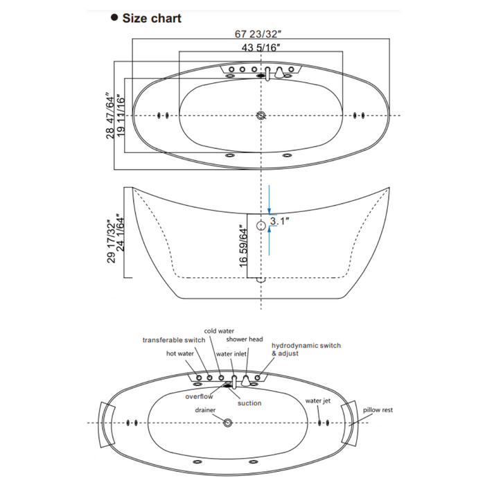 Empava 67" Freestanding Whirlpool Bathtub with Center Drain | EMPV-67AIS10